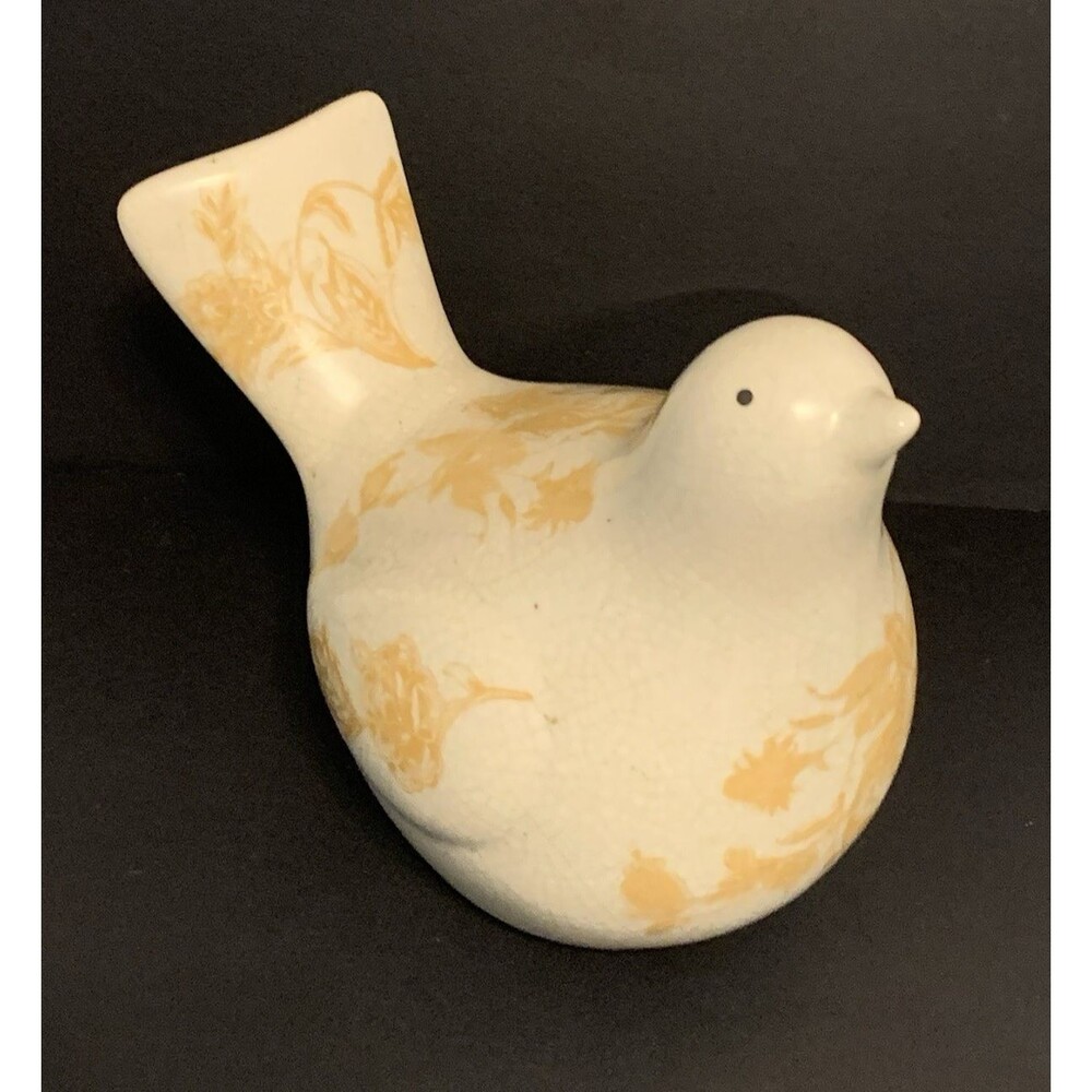 Ceramic Plump Chubby Bird Figurine Crackle Finish Cream Yellow Gold Floral Motif